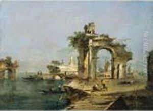 A Venetian Capriccio With Figures By The Lagoon, A Ruined Arch And Temple Beyond