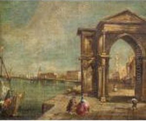 A Venetian Capriccio Scene With A Triumphal Arch by Francesco Guardi