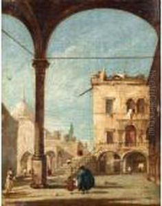 A Venetian Capriccio With Figures Standing Under A Loggia And A Chapel Beyond by Francesco Guardi