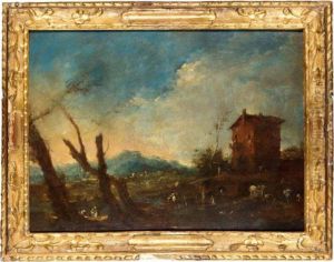 A River Landscape With Figures Before A House, Mountains Beyond by Francesco Guardi