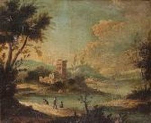 A River Landscape With Figures On The Shore, A Farmhouse And Village Beyond by Francesco Guardi