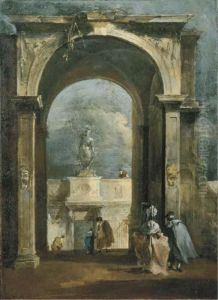 An Architectural Capriccio With 
Elegant Figures And A Classicalarch, A Statue Above A Portico In The 
Distance by Francesco Guardi