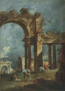 An Architectural Capriccio With 
Figures In Front Of A Ruined Arch,with Other Ruins Beyond