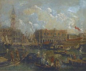 Barges And Gondolas On The Lagoon, Venice Before The Doges' Palace by Francesco Guardi