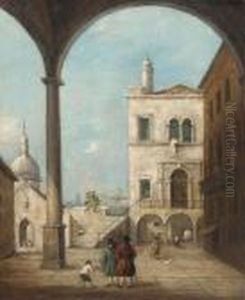 A Venetian Courtyard With Figures Under A Colonnade