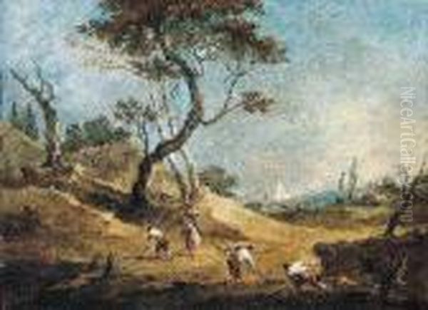 Pastoral Landscape With Peasants Hoeing And A Washerwoman Before - view 1