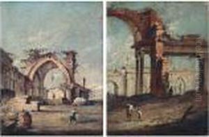 An Architectural Capriccio With
Three Figures Before Gothic Ruins; An Architectural Capriccio With Two
Figures Before Classical Ruins by Francesco Guardi
