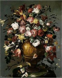 A Still Life Of Roses,
Daffodils, Carnations, Narcissi And Tulips In A Gilt Urn, Upon A Stone
Pedestal by Francesco Guardi