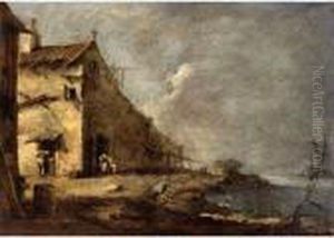 Capriccio With A Rustic Cottage And Figures By River's Edge