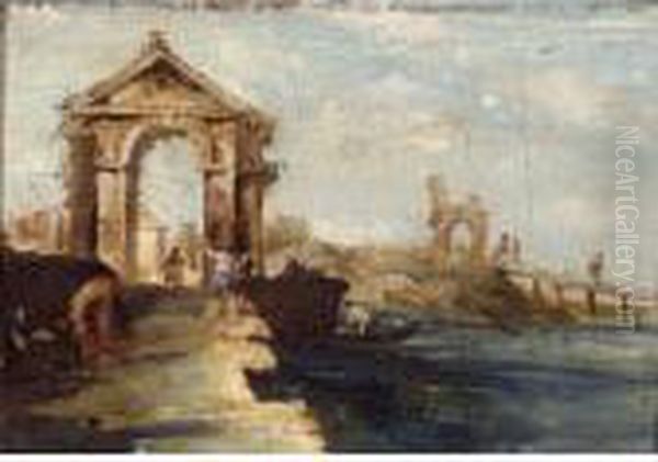 Capriccio With Figures Crossing A Bridge - view 1