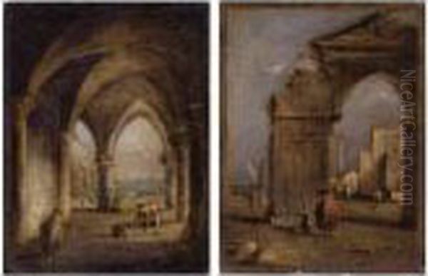 Capriccio Of A Ruined Arch With A
Man In A Red Coat And Capriccio Of The Arcade Of The Doge's Palace: A
Pair Of Paintings - view 1