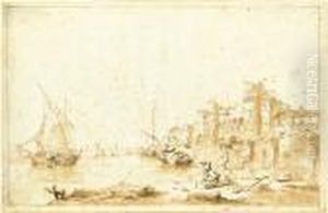 An Imaginary View Of A Venetian Lagoon With A Fortress By Theshore by Francesco Guardi