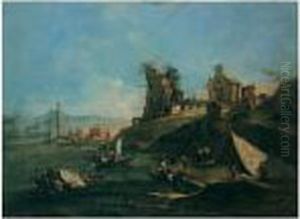A Coastal Capriccio With Fishing
 Boats At Anchor In A Bay Before A Headland With A Ruined Tower, A 
Mountain Range Beyond