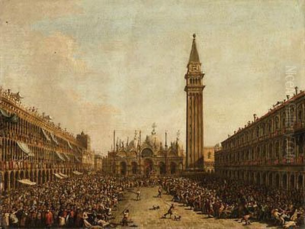 The Piazza San Marco, Venice, On
The Doge's Coronation Day, Withthe Doge And The Admiral Of The Arsenal
Being Carried On Thepozzetto, Bearing The Banner Of St. Mark,
Distributing Money To Thepeople - view 1