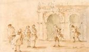 Cavalier Figures Outside A Building
