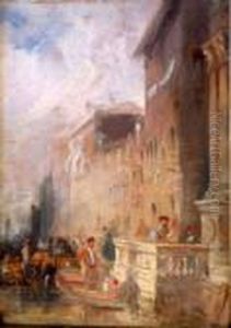 Figures On Palazzo Steps With Gondolas Alongside