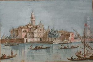 Vue De L'ile San Clemente Au Large De Venise, Des Gondoles Au Premier Plan