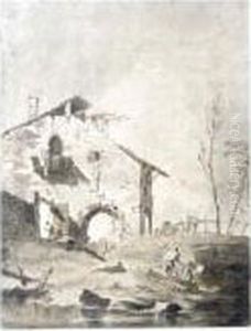 Capriccio With A Rustic Cottage And Figures by Giacomo Guardi