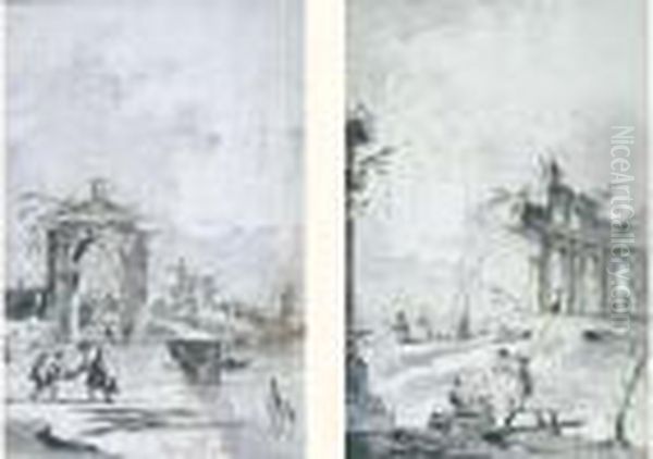 Figures Dans Des Ruines Au Bord De Mer ; Figures Sur Un Quai Devant Une Porte En Arche. - view 1