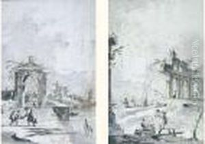 Figures Dans Des Ruines Au Bord De Mer ; Figures Sur Un Quai Devant Une Porte En Arche.