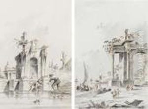 A Ruined Building Over A Canal
With Two Figures; And An Imaginary View Of The Venetian Lagoon With An
Arch, Figures In The Foreground A Ruined Building Over A Canal
With Two Figures; And An Imaginary View Of The Venetian Lagoon With An
Arch, Figures In The Foreground