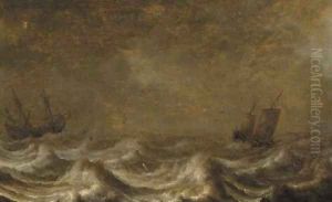 A threemaster and a wijdschip offshore, as a storm approaches by Pieter the Elder Mulier