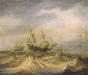 A threemaster and other shipping in choppy waters on a cloudy day by Pieter the Elder Mulier