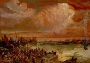 Sunset Over The Port Of Genoa by Pompeo Mariani