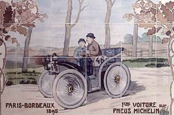 Edouard and Andre Michelin driving LEclair the first car to run on pneumatic tyres in the Paris to Bordeaux car race of 1895 by Ernest Montaut