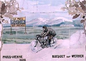 Bucquet riding a Werner motorcycle in the Paris to Vienna race of 1902 by Ernest Montaut