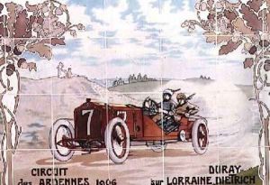 Duray driving a Lorraine Dietrich car in the Circuit des Ardennes of 1906 ceramic tiles manufactured by Gilardoni Fils et Cie of Paris by Ernest Montaut