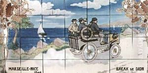 A De Dion break competing in the Marseille to Nice race of 1896 by Ernest Montaut