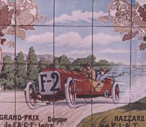 Nazzaro driving a Fiat car in the French Grand Prix of 1907 at Dieppe by Ernest Montaut