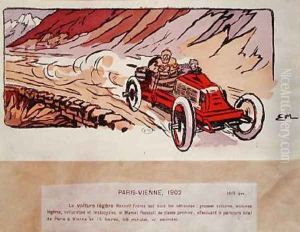 Marcel Renault 1872-1903 in his Renault Freres competing in the Paris-Vienna rally in 1902 1910 by Ernest Montaut