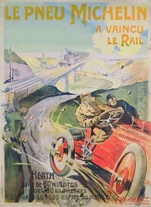 Poster advertising Michelin tyres are faster than rail by Ernest Montaut
