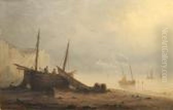 Beach Scene At Low Tide, With Figures And Fishing Boats - view 1