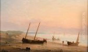 Bateaux Et Pecheurs Sur La Greve by Herminie Gudin