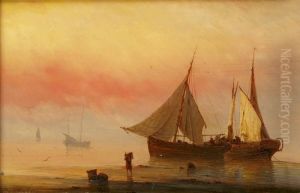 Bateaux De Pecheurs Au Soleil Couchant by Herminie Gudin