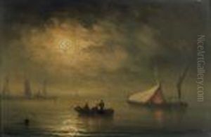 Voiliers En Mer Sous La Pleine Lune. by Herminie Gudin