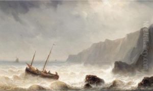 Fishing Boat Off The Rocks By Moonlight by Herminie Gudin