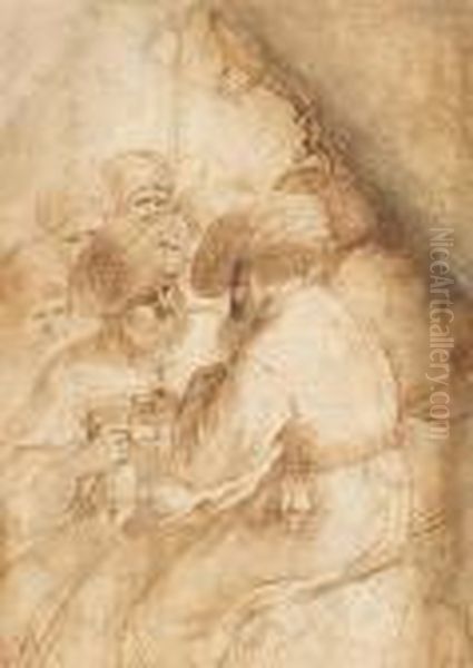Unidentified Subject Of
Orientals, Three Ofthem Seated And Wearing Turbans, One Of Them Handling
A Bag Ofmoney To Another - view 1