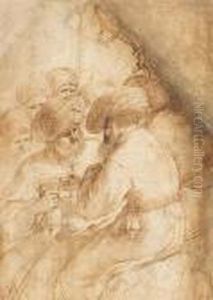 Unidentified Subject Of
Orientals, Three Ofthem Seated And Wearing Turbans, One Of Them Handling
A Bag Ofmoney To Another by Giovanni Francesco Barbieri