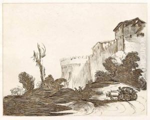 Paysage Anime De Voyageurs Pres D'un Chateau. by Giovanni Francesco Barbieri