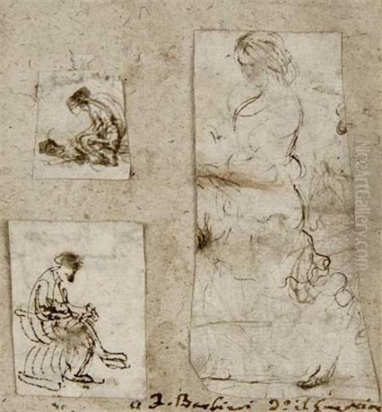 Trois Etudes Sur Le Meme Montage : Femme En Pied Et Deux Etudes D'homme Assis - view 1