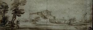 Figure By Woodland With A Ruin And A Moored Vessel Beyond by Giovanni Francesco Barbieri
