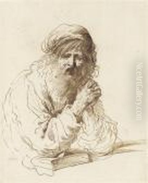 Half-length Study Of A Bearded Man In A Cap, Seated With His Elbow Resting On A Book - view 1
