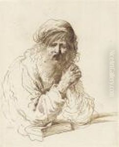 Half-length Study Of A Bearded Man In A Cap, Seated With His Elbow Resting On A Book by Giovanni Francesco Barbieri