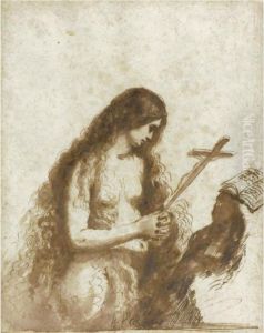 The Penitent Magdalen, Holding A Cross And Reading by Giovanni Francesco Barbieri