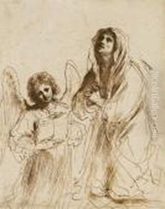 Saint Francesca Romana At Prayer, An Angel Holding A Book At Herside by Giovanni Francesco Barbieri