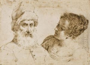A Bearded Man, Half-length, Wearing A Hat, And A Young Woman by Giovanni Francesco Barbieri
